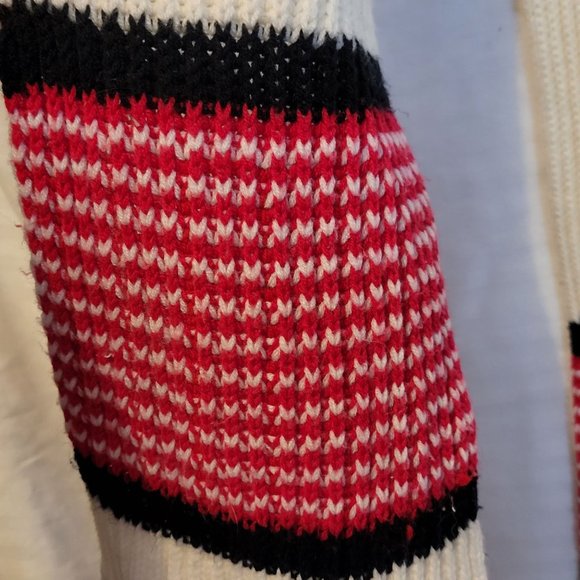 Vintage Acrylic Knit Scarf Fringe Ends Red Navy Ski Pattern Jeunique 60s 70s - Picture 5 of 8